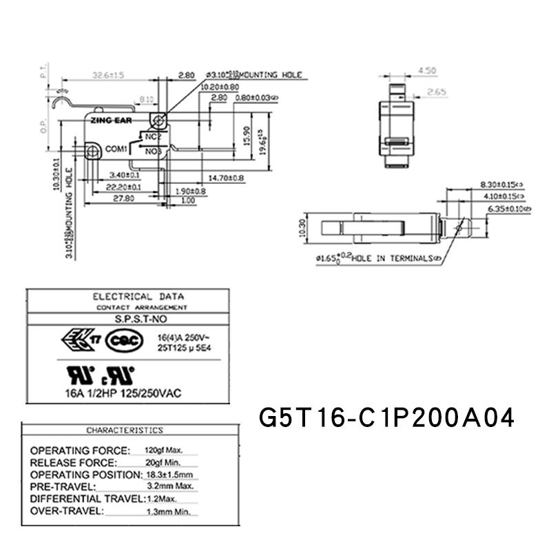 SPST Simulated Roller Flat Lever Micro Switch 16 G5T16 C1P2200A04 Free Sample SPDT Simulated Flat Lever Micro Switch 8