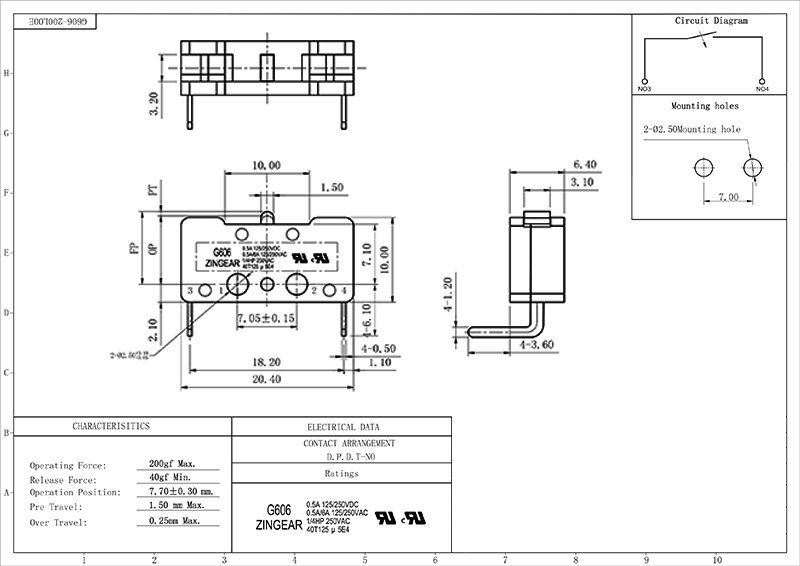 G606-200L00E Manufacturer DPDT Normally Open Micro Switch (8) normally open micro switch