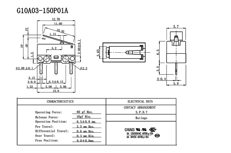 G10A03-150P01A Ultra Miniature Micro Switch Lever SPDT (1) Ultra Miniature Micro Switch Drawing