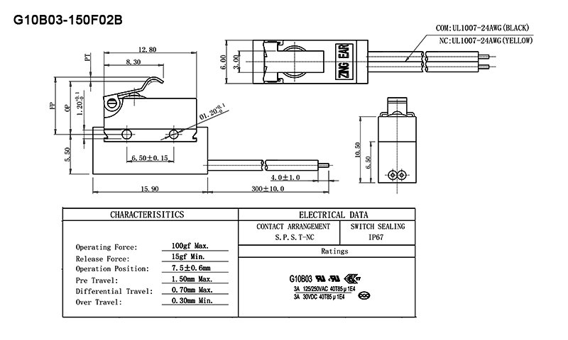 G10B03-150F02B-300 SPST NC IP67 Waterproof Micro Switch Mini (1) SPST NC IP67 Waterproof switch drawing