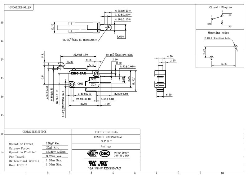 G5T16-E1Z200A04 SPDT Lever Club Car Part Brake Micro Switch (3) Club Car Part Micro Switch