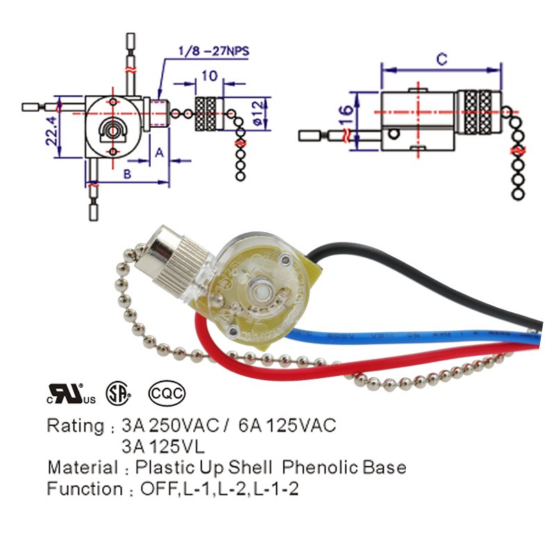ZE-110 Zing Ear Pull Chain Switch For Ceiling fan 14 Pull Chain Switch For Celling Fan