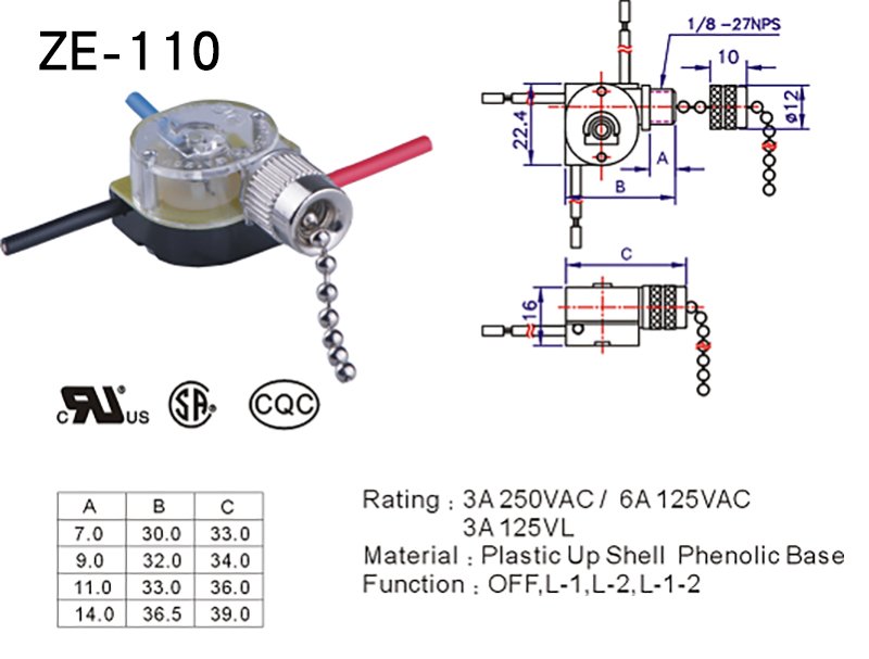 ZE-110 Zing Ear Pull Chain Switch For Celling Fan Datasheet ZE-110 Zing Ear Pull Chain Switch For Celling Fan Datasheet
