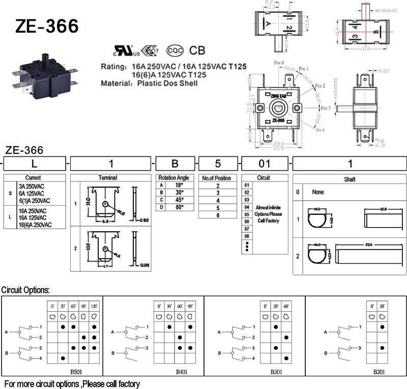 6 Position Rotary Switch T125 16A 125V 250V (4)