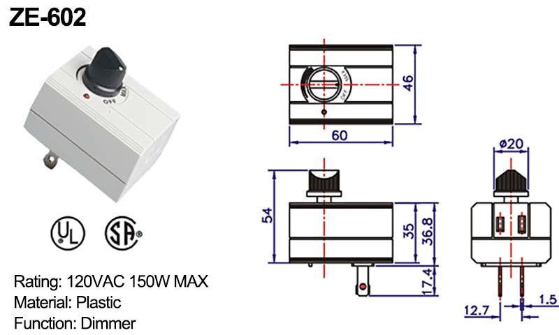 Rotary Dimmer Switch ZE-602 Drawing Rotary Dimmer Switch ZE-602 Drawing
