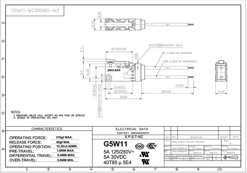 G5W11-WC200A01-W2 normally closed microswitch Datasheet G5W11-WC200A01-W2 normally closed microswitch Datasheet