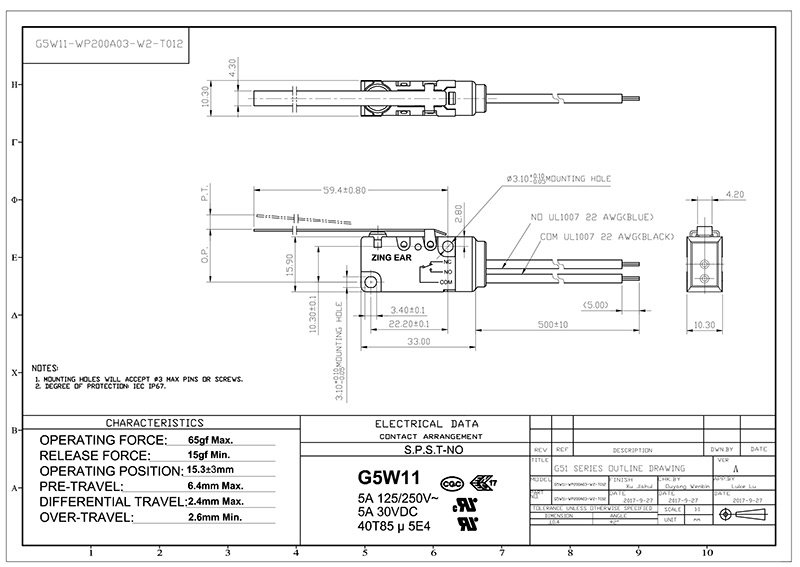 Drawing_G5W11-WP200A03-W2-T012_Rev_A-Model G5W11-WP200A03-W2 switch drawing