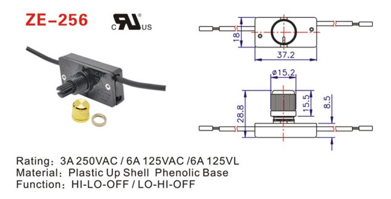 ZE-256 Lamp Rotary Dimmer Light Switch drawing ZE-256 Lamp Rotary Dimmer Light Switch drawing