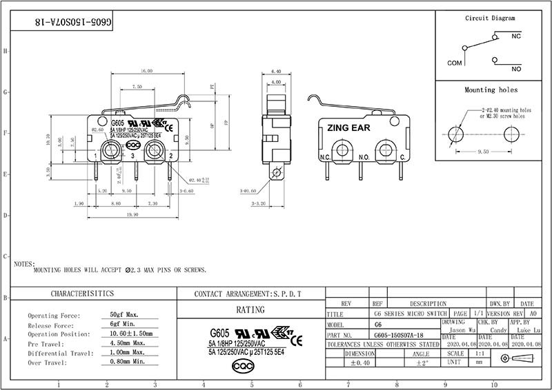 G605-150S07A-18 micro switch no nc drawing G605-150S07A-18 micro switch no nc drawing