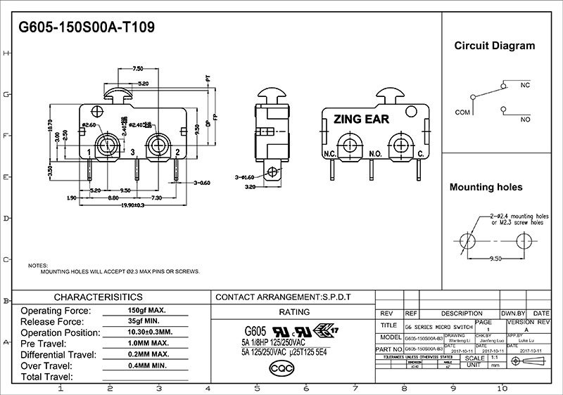 G605-150S00A-T109 SPDT microswitch G605-150S00A-T109 SPDT microswitch